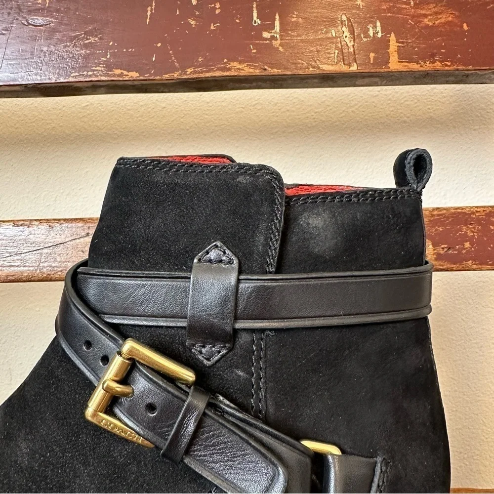 COACH Leoda Black Suede Buckle Ankle Booties Boots